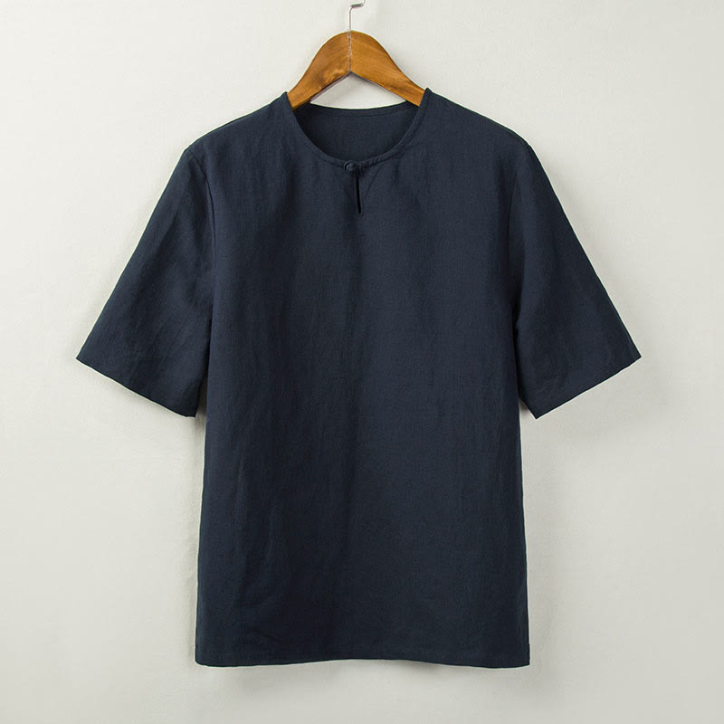 Buddha Stones 夏物 唐風 結びボタン サイドスリット 無地 メンズシャツ - ミッドナイトブルー - US/UK/AU44、 EU54 (4XL) - image 4