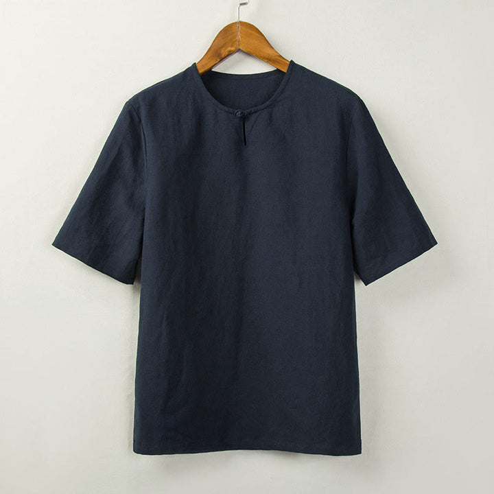 Buddha Stones 夏物 唐風 結びボタン サイドスリット 無地 メンズシャツ - ミッドナイトブルー - US/UK/AU44、 EU54 (4XL) - image 4