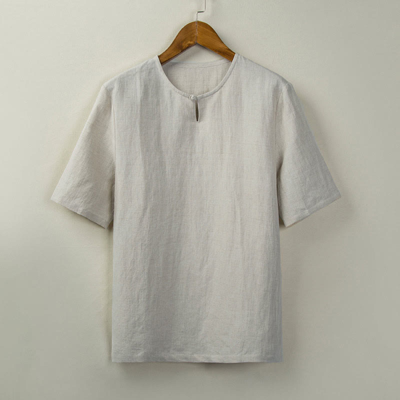 Buddha Stones 夏物 唐風 結びボタン サイドスリット 無地 メンズシャツ - リネン - US/UK/AU44、 EU54 (4XL) - image 0