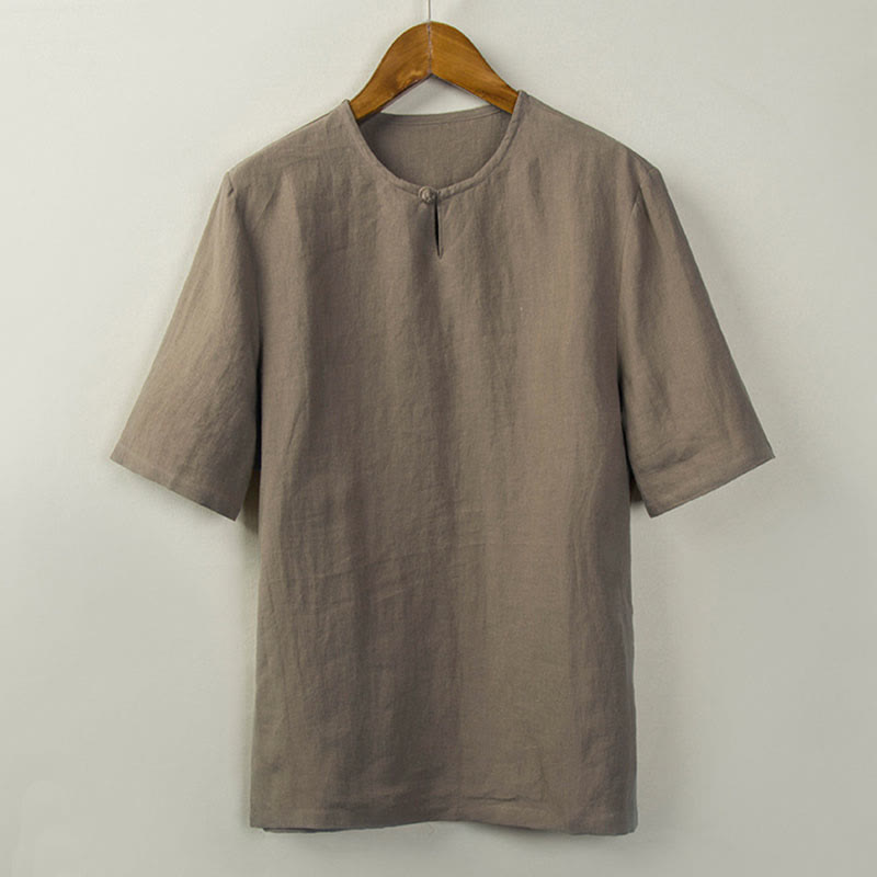 Buddha Stones 夏物 唐風 結びボタン サイドスリット 無地 メンズシャツ - タン - US/UK/AU44、 EU54 (4XL) - image 12