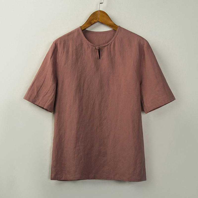 Buddha Stones 夏物 唐風 結びボタン サイドスリット 無地 メンズシャツ - ダークサーモン - US/UK/AU44、 EU54 (4XL) - image 6