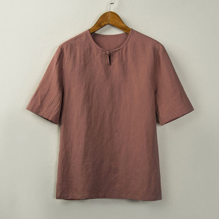 Buddha Stones 夏物 唐風 結びボタン サイドスリット 無地 メンズシャツ - ダークサーモン - US/UK/AU44、 EU54 (4XL) - image 6