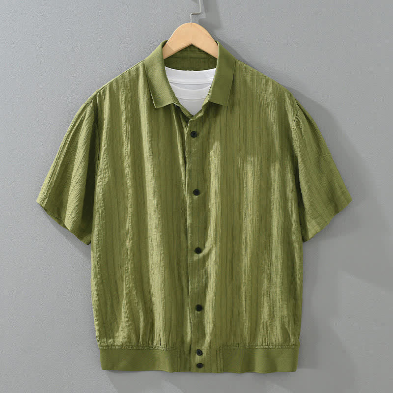 Buddha Stones 夏向けカジュアルミニマルボタンアップ無地メンズシャツ - オリーブドラブ - US/UK/AU42、 EU52 (3XL) - image 0