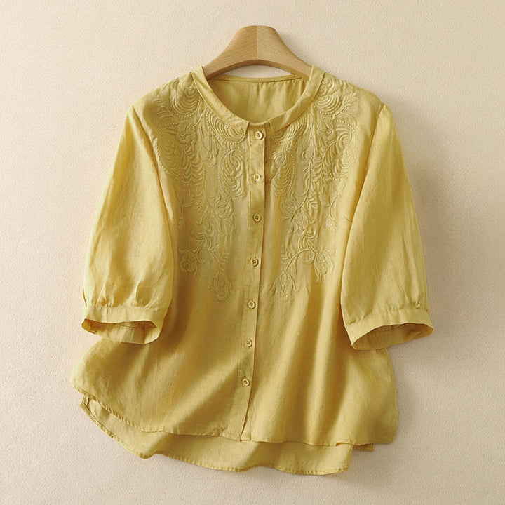 Buddha Stones 夏物ヴィンテージ刺繍花柄レディース肘丈袖シャツ - カーキ - US8-10，UK/AU12-14，EU40-42 (2XL) - image 0