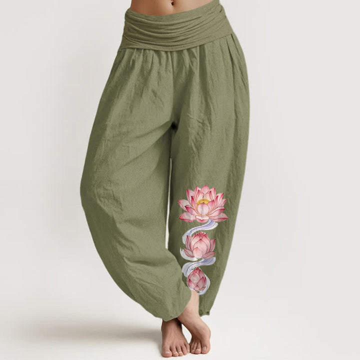 Buddha Stones 純綿ピンクの蓮柄レディースゴムウエストハーレムパンツ - オリーブドラブ - US16、 UK/AU20、 EU48 (3XL) - image 14
