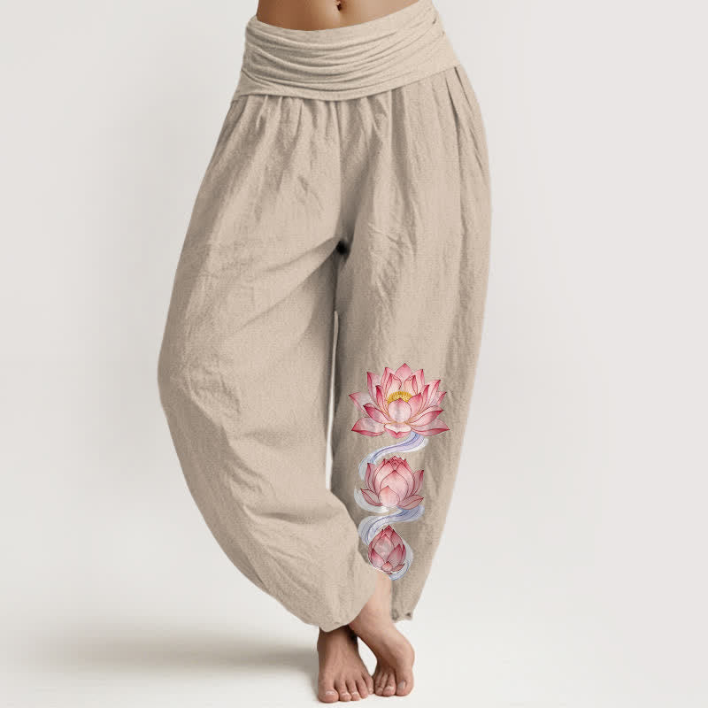 Buddha Stones 純綿ピンクの蓮柄レディースゴムウエストハーレムパンツ - リネン - US16、 UK/AU20、 EU48 (3XL) - image 11