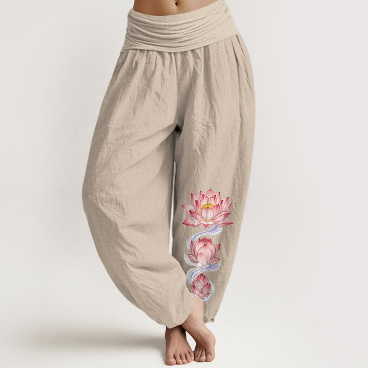 Buddha Stones 純綿ピンクの蓮柄レディースゴムウエストハーレムパンツ - リネン - US16、 UK/AU20、 EU48 (3XL) - image 11