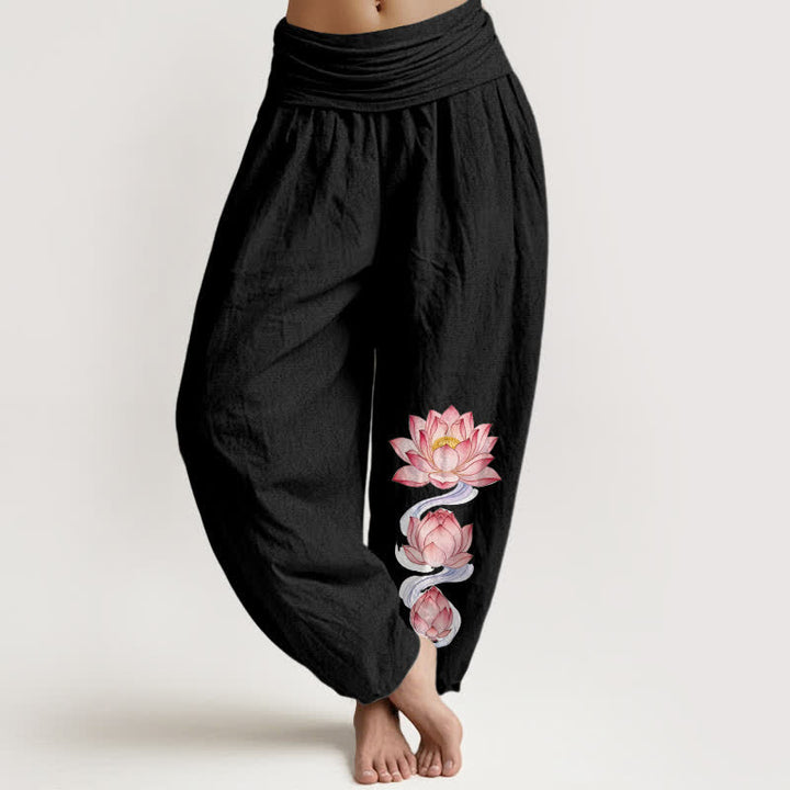 Buddha Stones 純綿ピンクの蓮柄レディースゴムウエストハーレムパンツ - 黒 - US16、 UK/AU20、 EU48 (3XL) - image 0