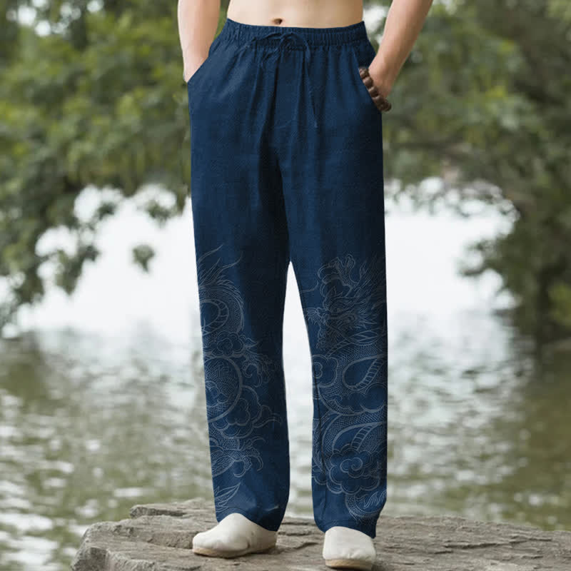 Buddha Stones 綿素材、さりげない龍柄、メンズテーパードパンツ（ポケット付き） - 海軍 - US/UK/AU50、EU60（5XL） - image 0