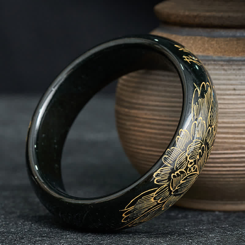 Buddha Stones 天然シアンジェイド彫刻ハーモニーバングルブレスレット - image 1