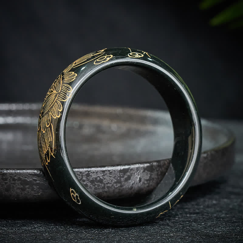 Buddha Stones 天然シアンジェイド彫刻ハーモニーバングルブレスレット - シアンジェイド（60～62mm） - image 0