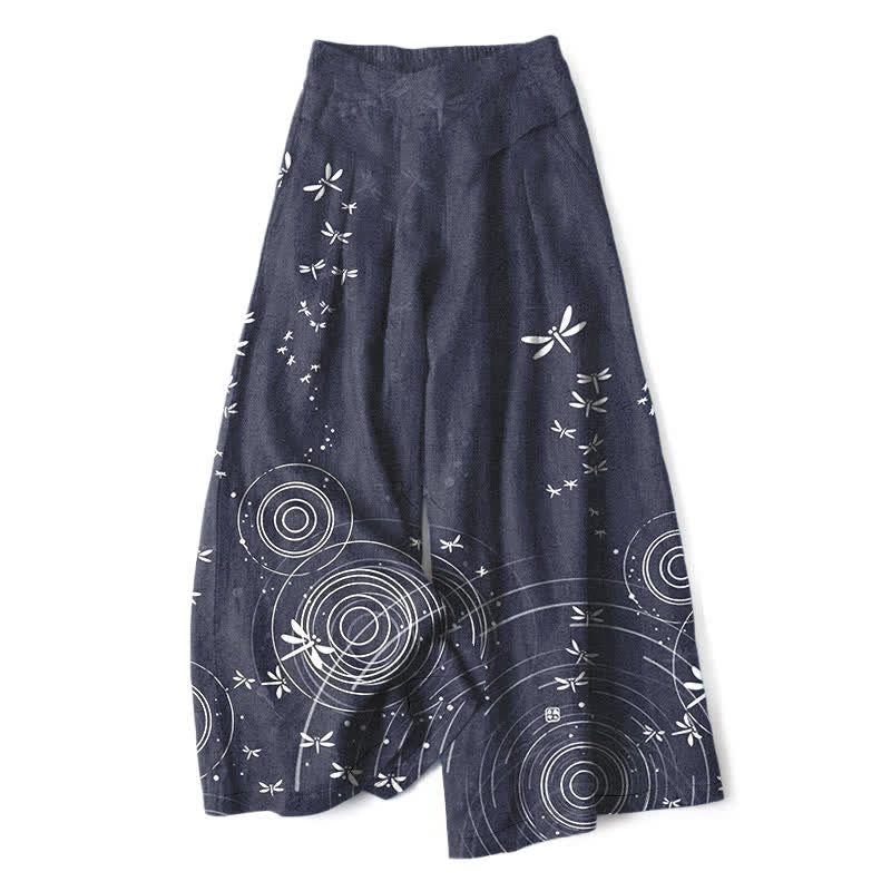Buddha Stones コットンリネン トンボ柄 リップルパターン レディース ゴムウエスト ワイドレッグパンツ ポケット付き - スレートグレー - US16、 UK/AU20、 EU48 (3XL) - image 8