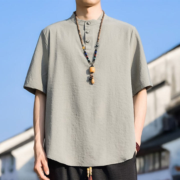 Buddha Stones 夏物カジュアル マンダリンカラー 3つボタン 無地 メンズ半袖シャツ - オールドレース - US/UK/AU48, EU58 （5XL） - image 0
