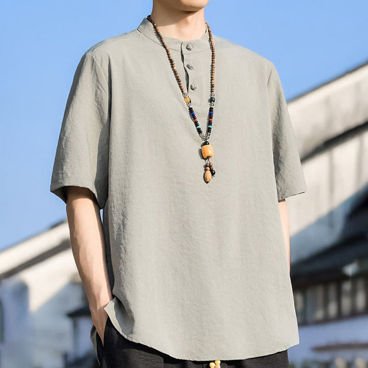 Buddha Stones 夏物カジュアル マンダリンカラー 3つボタン 無地 メンズ半袖シャツ - image 1