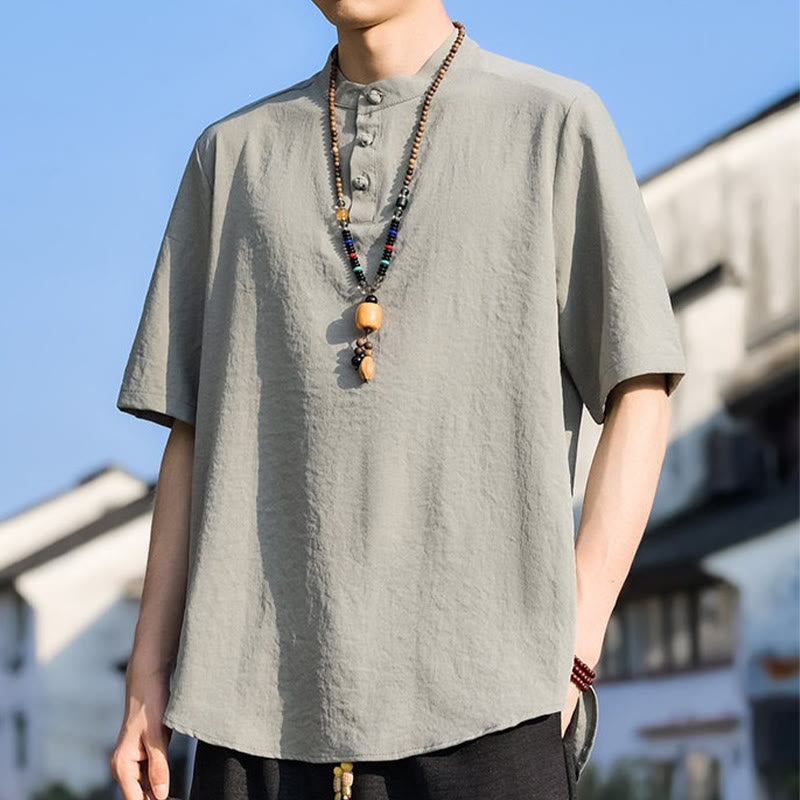 Buddha Stones 夏物カジュアル マンダリンカラー 3つボタン 無地 メンズ半袖シャツ - image 2