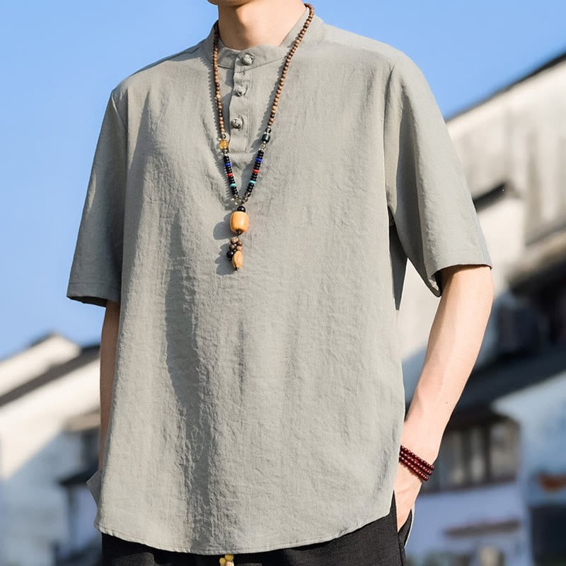 Buddha Stones 夏物カジュアル マンダリンカラー 3つボタン 無地 メンズ半袖シャツ - image 5