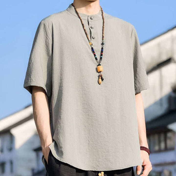 Buddha Stones 夏物カジュアル マンダリンカラー 3つボタン 無地 メンズ半袖シャツ - image 4