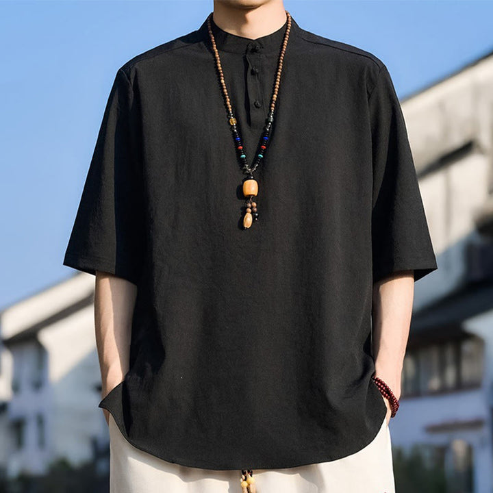 Buddha Stones 夏物カジュアル マンダリンカラー 3つボタン 無地 メンズ半袖シャツ - 黒 - US/UK/AU48, EU58 （5XL） - image 6