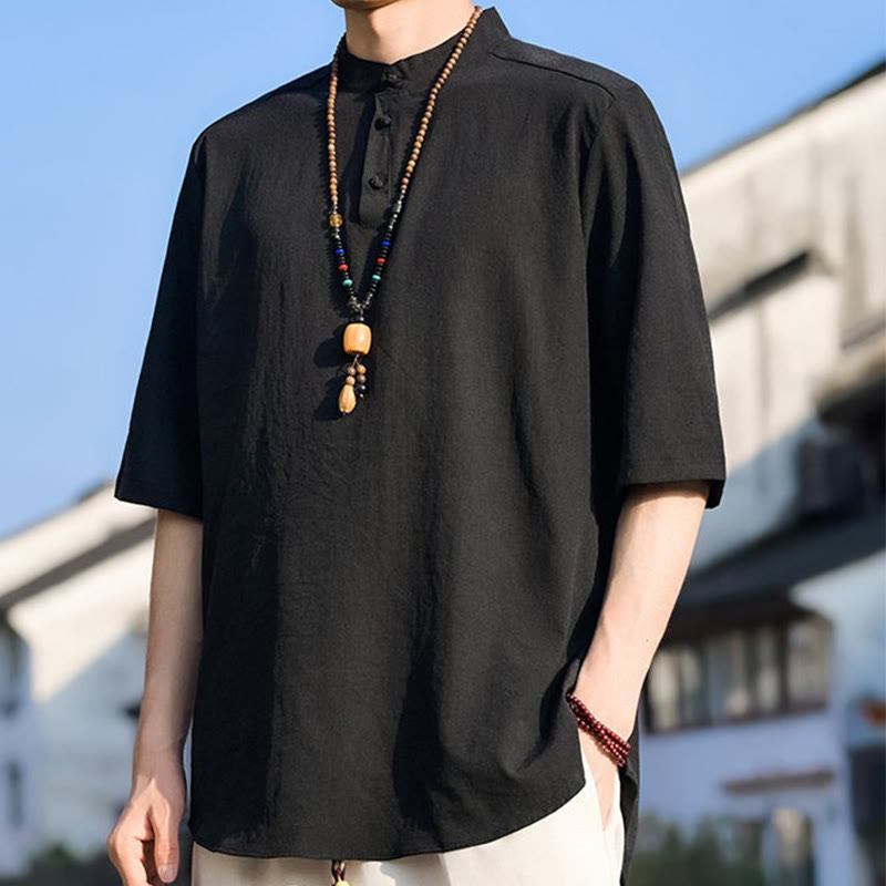 Buddha Stones 夏物カジュアル マンダリンカラー 3つボタン 無地 メンズ半袖シャツ - image 7