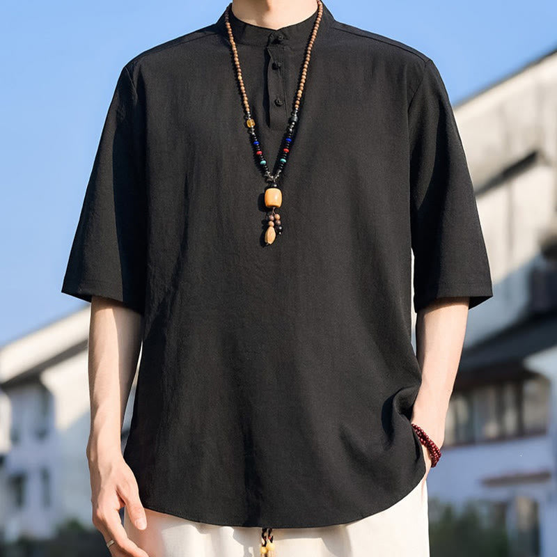 Buddha Stones 夏物カジュアル マンダリンカラー 3つボタン 無地 メンズ半袖シャツ - image 13