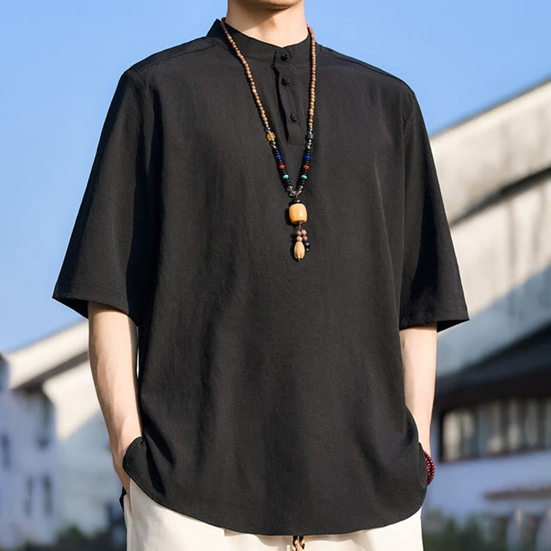 Buddha Stones 夏物カジュアル マンダリンカラー 3つボタン 無地 メンズ半袖シャツ - image 9