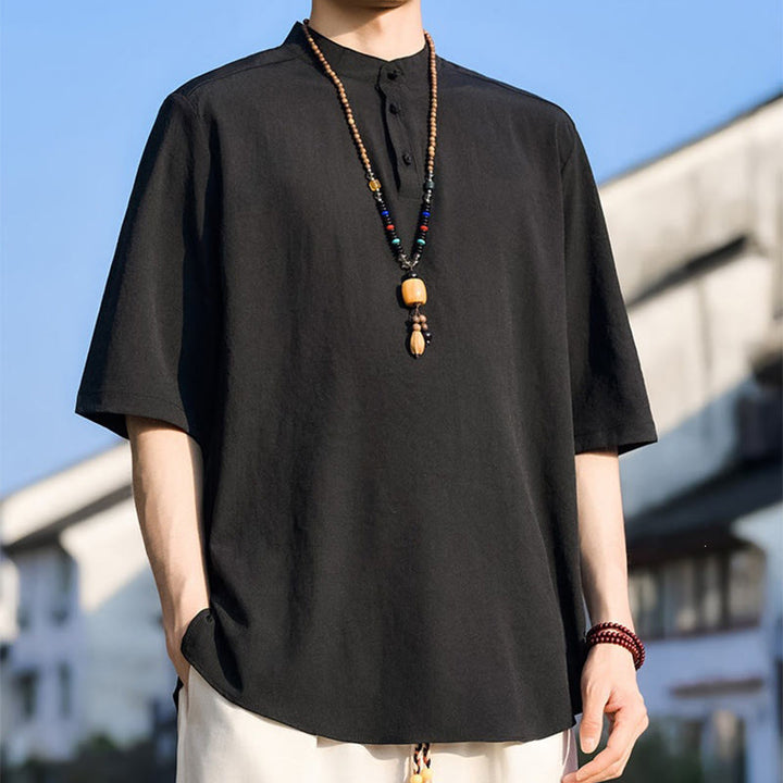 Buddha Stones 夏物カジュアル マンダリンカラー 3つボタン 無地 メンズ半袖シャツ - image 12