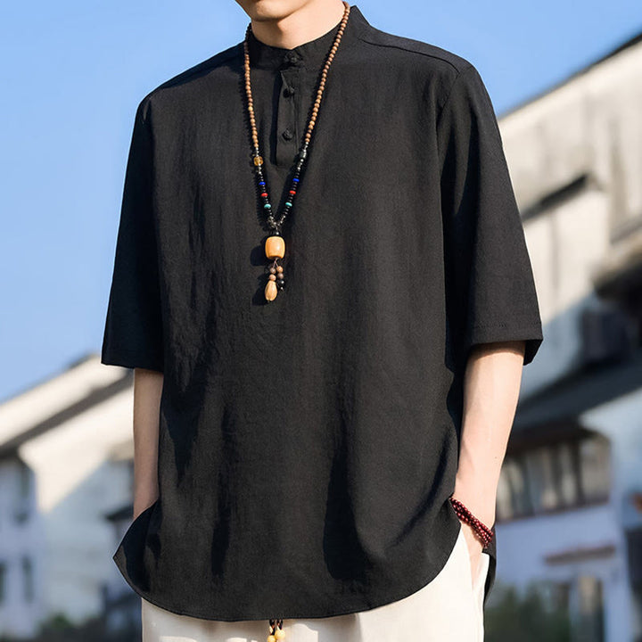 Buddha Stones 夏物カジュアル マンダリンカラー 3つボタン 無地 メンズ半袖シャツ - image 8