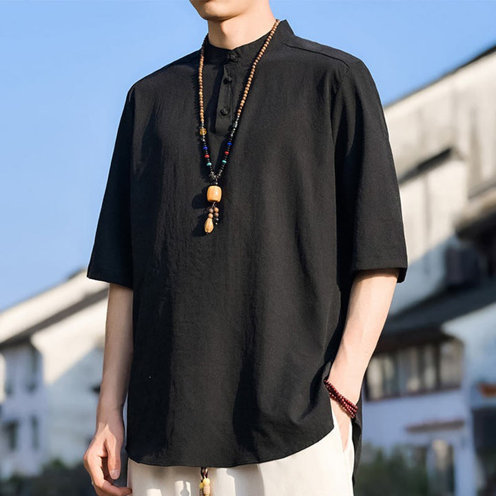 Buddha Stones 夏物カジュアル マンダリンカラー 3つボタン 無地 メンズ半袖シャツ - image 10