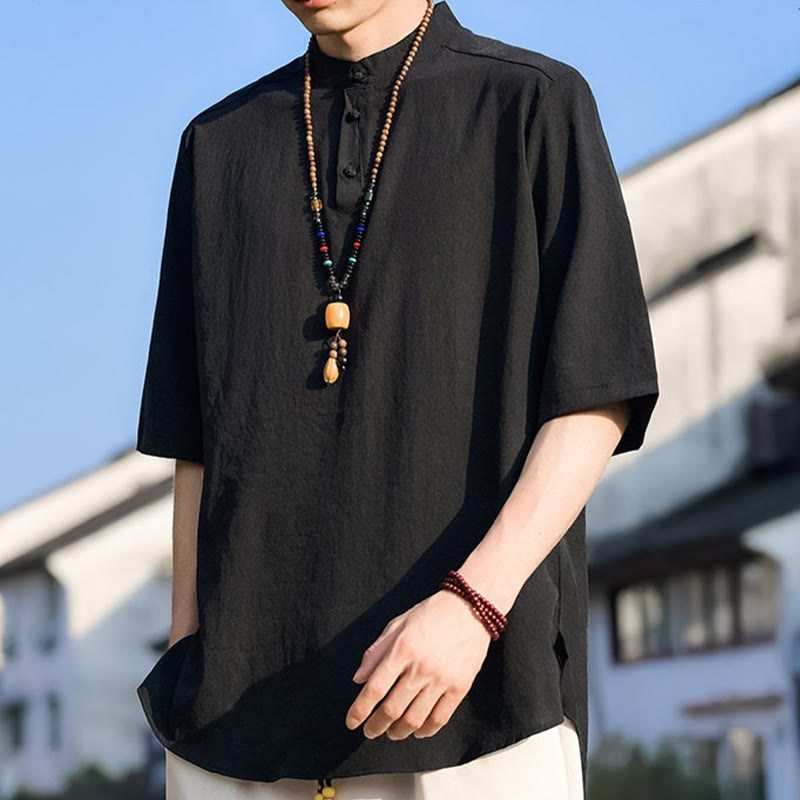 Buddha Stones 夏物カジュアル マンダリンカラー 3つボタン 無地 メンズ半袖シャツ - image 11