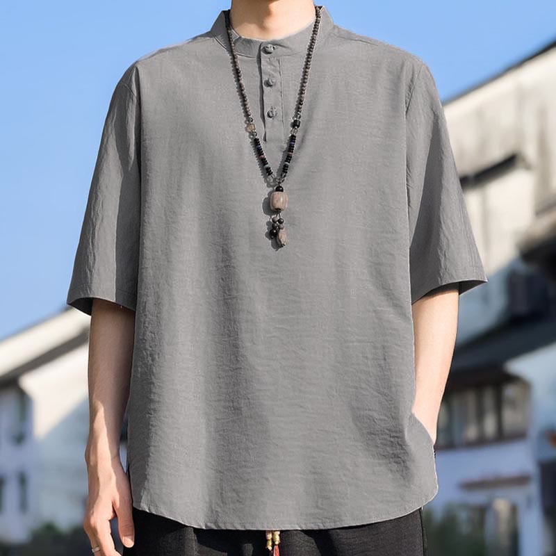 Buddha Stones 夏物カジュアル マンダリンカラー 3つボタン 無地 メンズ半袖シャツ - ライトグレー - US/UK/AU48, EU58 （5XL） - image 14