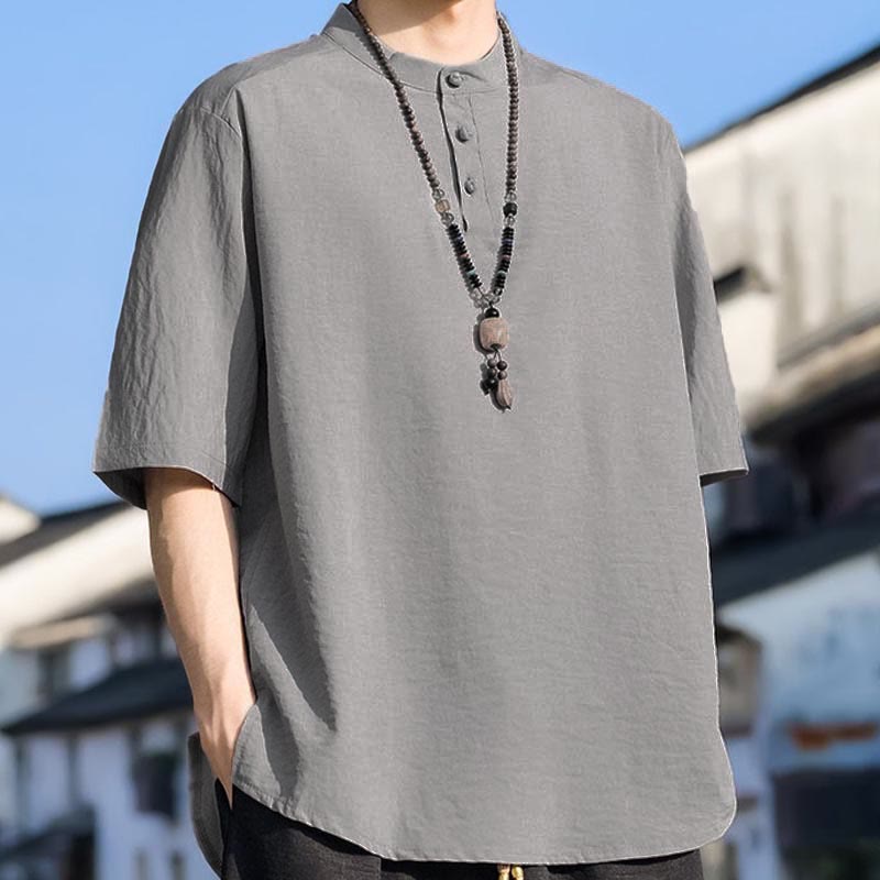 Buddha Stones 夏物カジュアル マンダリンカラー 3つボタン 無地 メンズ半袖シャツ - image 15