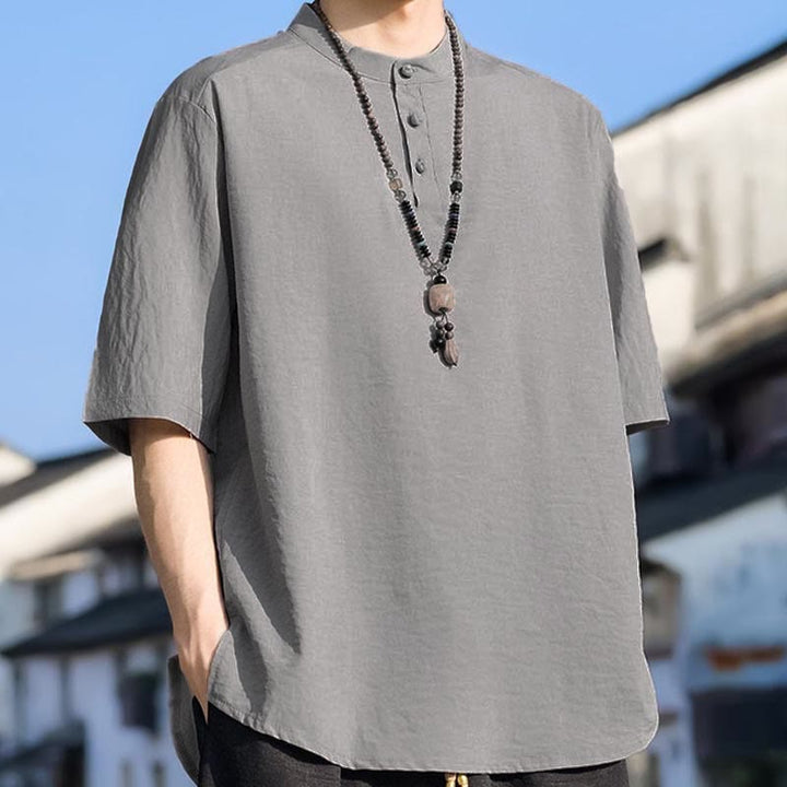 Buddha Stones 夏物カジュアル マンダリンカラー 3つボタン 無地 メンズ半袖シャツ - image 15