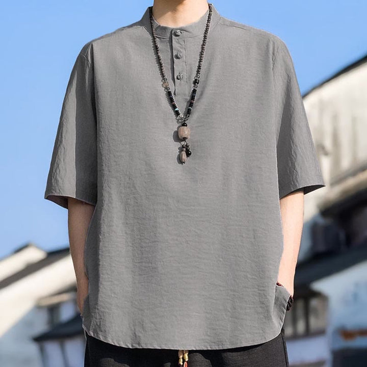 Buddha Stones 夏物カジュアル マンダリンカラー 3つボタン 無地 メンズ半袖シャツ - image 19