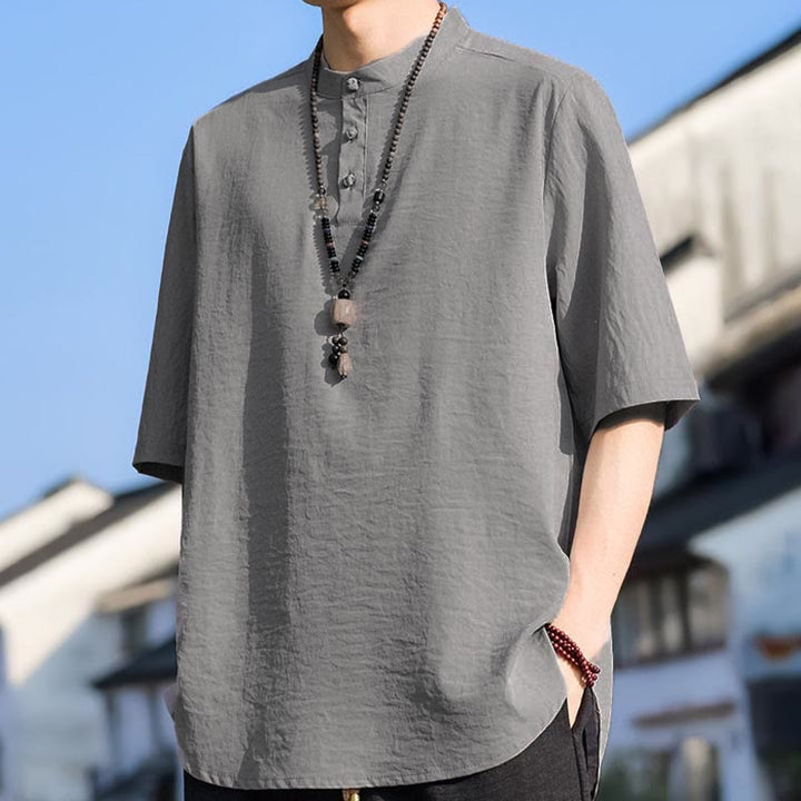 Buddha Stones 夏物カジュアル マンダリンカラー 3つボタン 無地 メンズ半袖シャツ - image 20