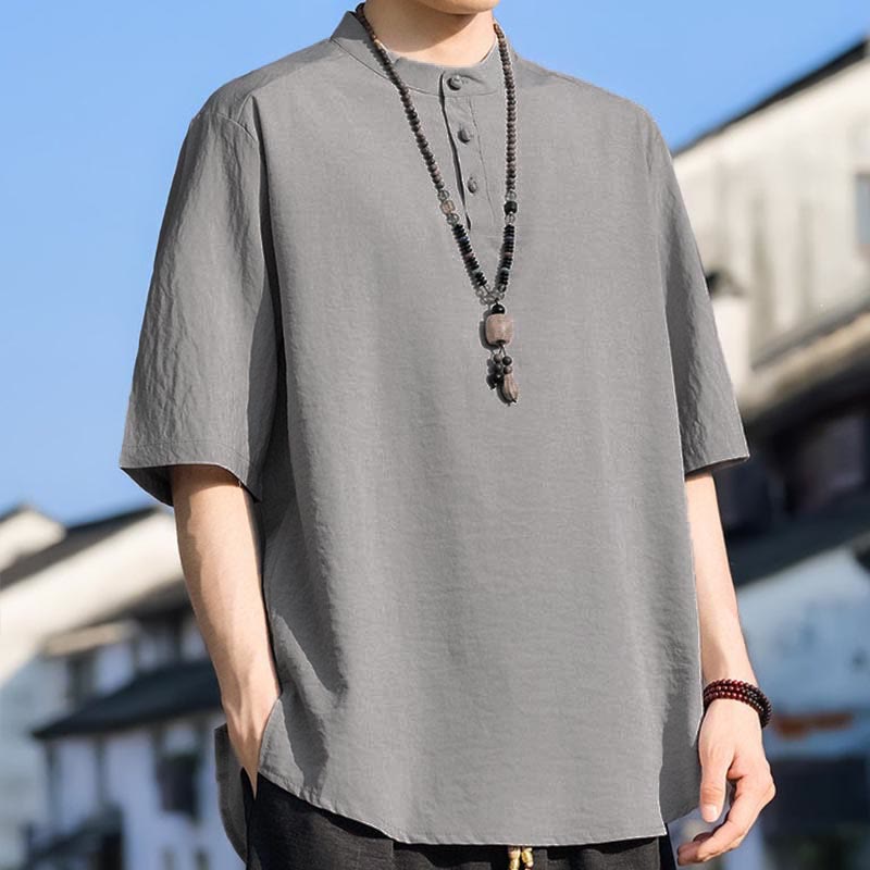 Buddha Stones 夏物カジュアル マンダリンカラー 3つボタン 無地 メンズ半袖シャツ - image 21