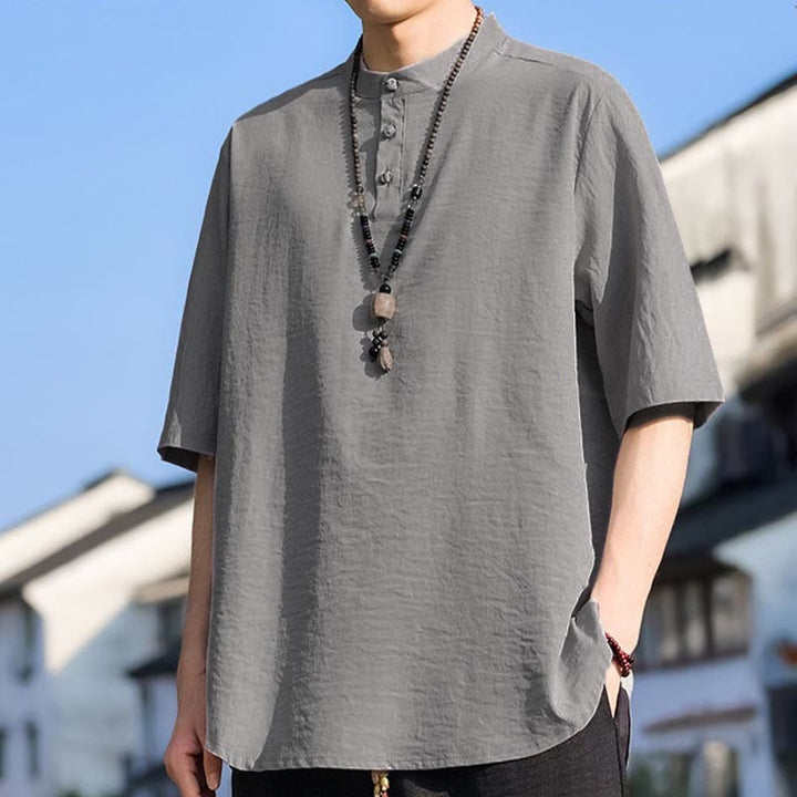 Buddha Stones 夏物カジュアル マンダリンカラー 3つボタン 無地 メンズ半袖シャツ - image 17