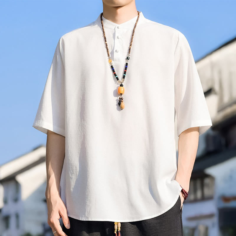 Buddha Stones 夏物カジュアル マンダリンカラー 3つボタン 無地 メンズ半袖シャツ - 白 - US/UK/AU48, EU58 （5XL） - image 22