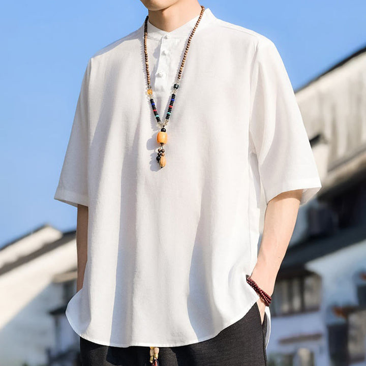 Buddha Stones 夏物カジュアル マンダリンカラー 3つボタン 無地 メンズ半袖シャツ - image 24