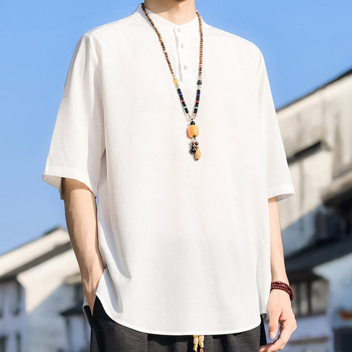 Buddha Stones 夏物カジュアル マンダリンカラー 3つボタン 無地 メンズ半袖シャツ - image 23