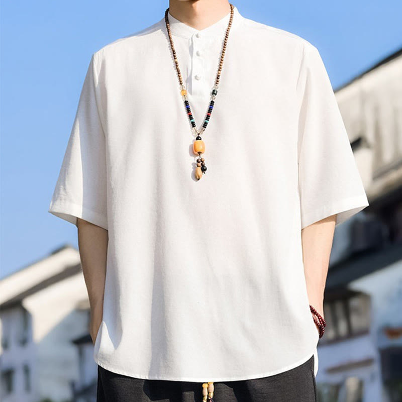Buddha Stones 夏物カジュアル マンダリンカラー 3つボタン 無地 メンズ半袖シャツ - image 27