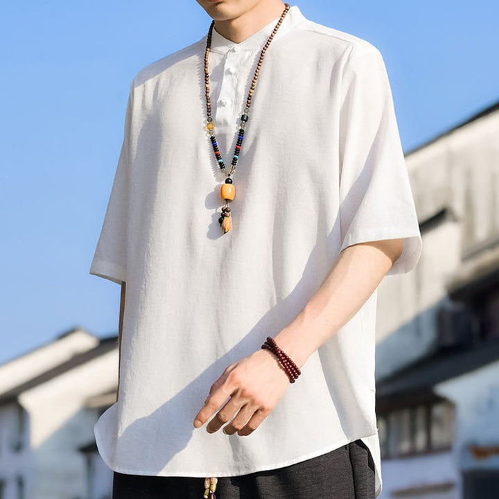 Buddha Stones 夏物カジュアル マンダリンカラー 3つボタン 無地 メンズ半袖シャツ - image 26