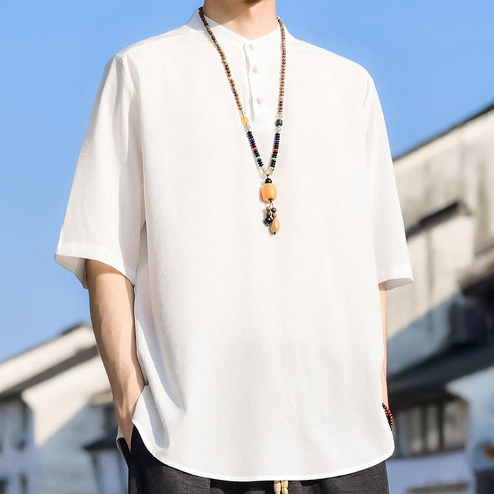 Buddha Stones 夏物カジュアル マンダリンカラー 3つボタン 無地 メンズ半袖シャツ - image 25