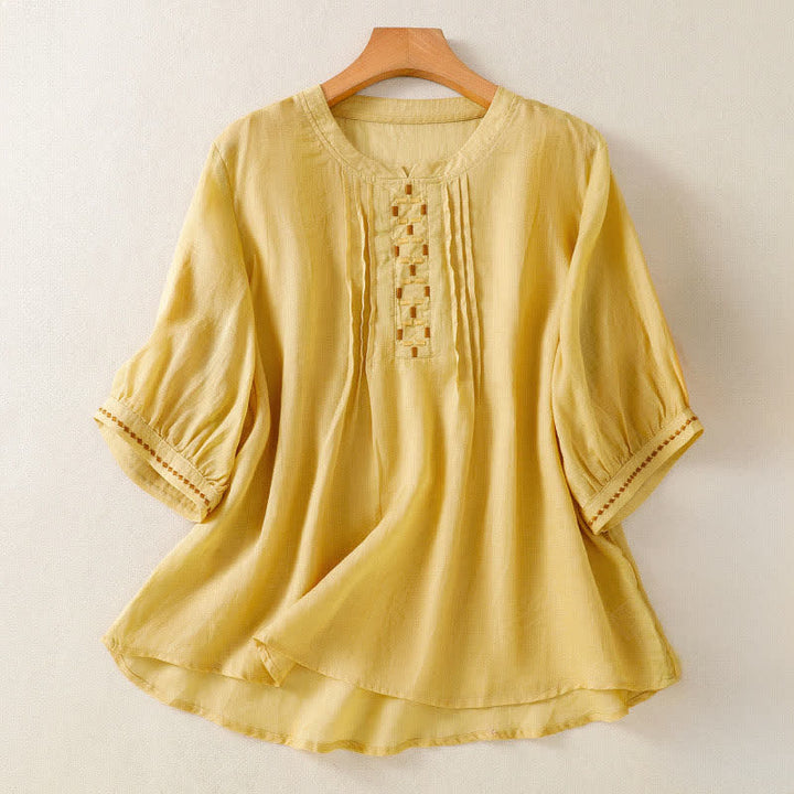 Buddha Stones 夏物カジュアル無地刺繍プリーツフロントレディース半袖Tシャツ - ゴールデンロッド - US12, UK/AU16, EU44 （2XL） - image 0
