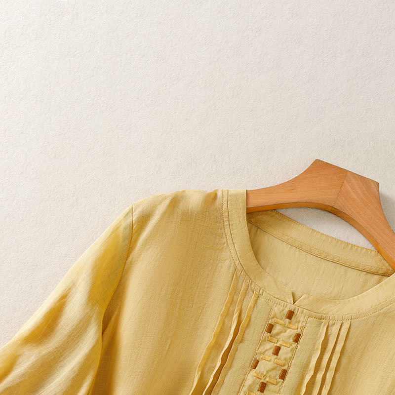 Buddha Stones 夏物カジュアル無地刺繍プリーツフロントレディース半袖Tシャツ - image 2