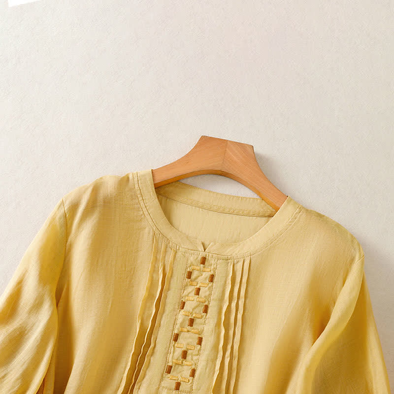Buddha Stones 夏物カジュアル無地刺繍プリーツフロントレディース半袖Tシャツ - image 3