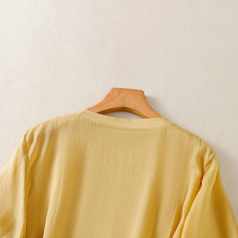 Buddha Stones 夏物カジュアル無地刺繍プリーツフロントレディース半袖Tシャツ - image 4
