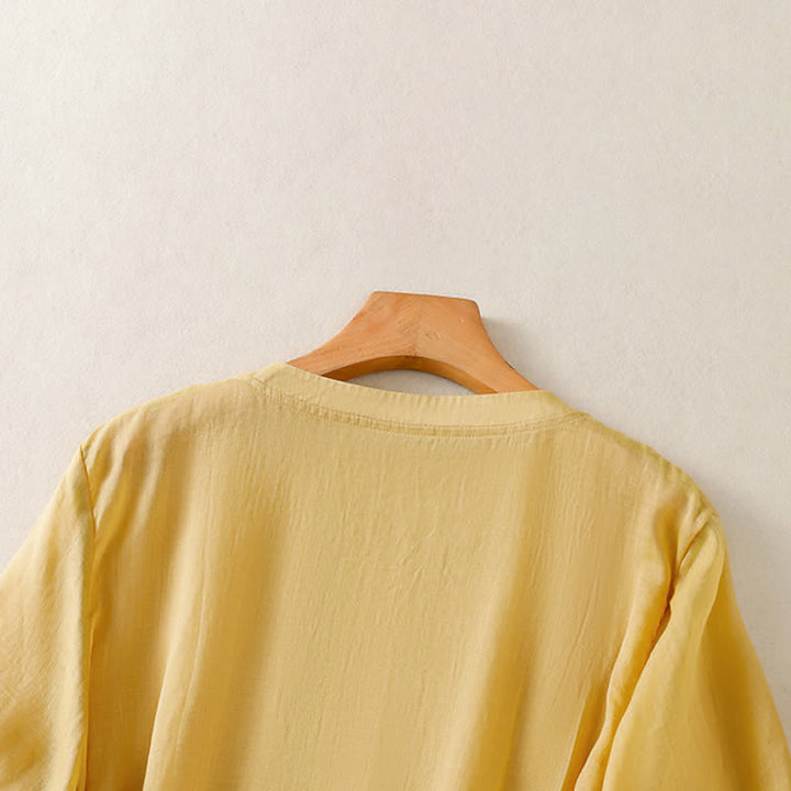 Buddha Stones 夏物カジュアル無地刺繍プリーツフロントレディース半袖Tシャツ - image 4