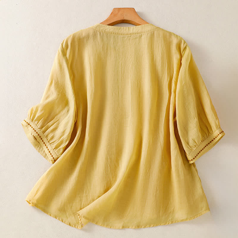 Buddha Stones 夏物カジュアル無地刺繍プリーツフロントレディース半袖Tシャツ - image 1