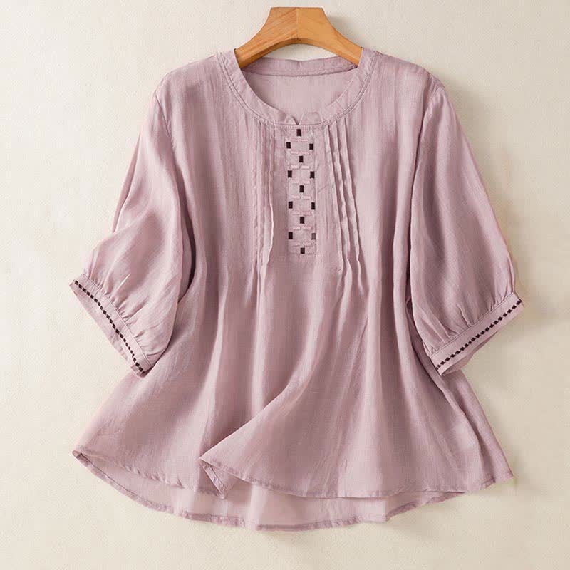 Buddha Stones 夏物カジュアル無地刺繍プリーツフロントレディース半袖Tシャツ - アザミ - US12, UK/AU16, EU44 （2XL） - image 8
