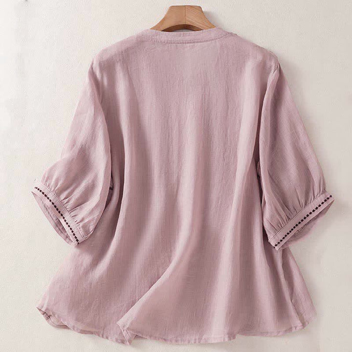 Buddha Stones 夏物カジュアル無地刺繍プリーツフロントレディース半袖Tシャツ - image 9